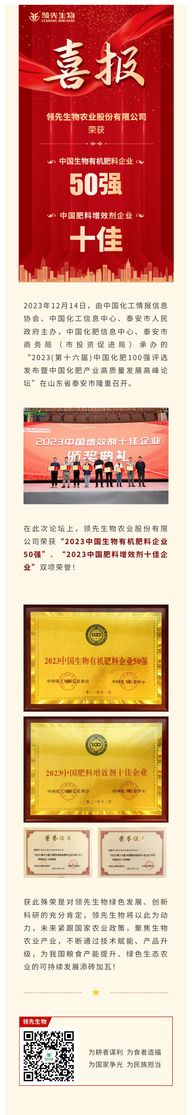 實(shí)力上榜 | 領(lǐng)先生物榮獲2023中國(guó)生物有機(jī)肥料企業(yè)50強(qiáng)！中國(guó)肥料增效劑十佳企業(yè)！